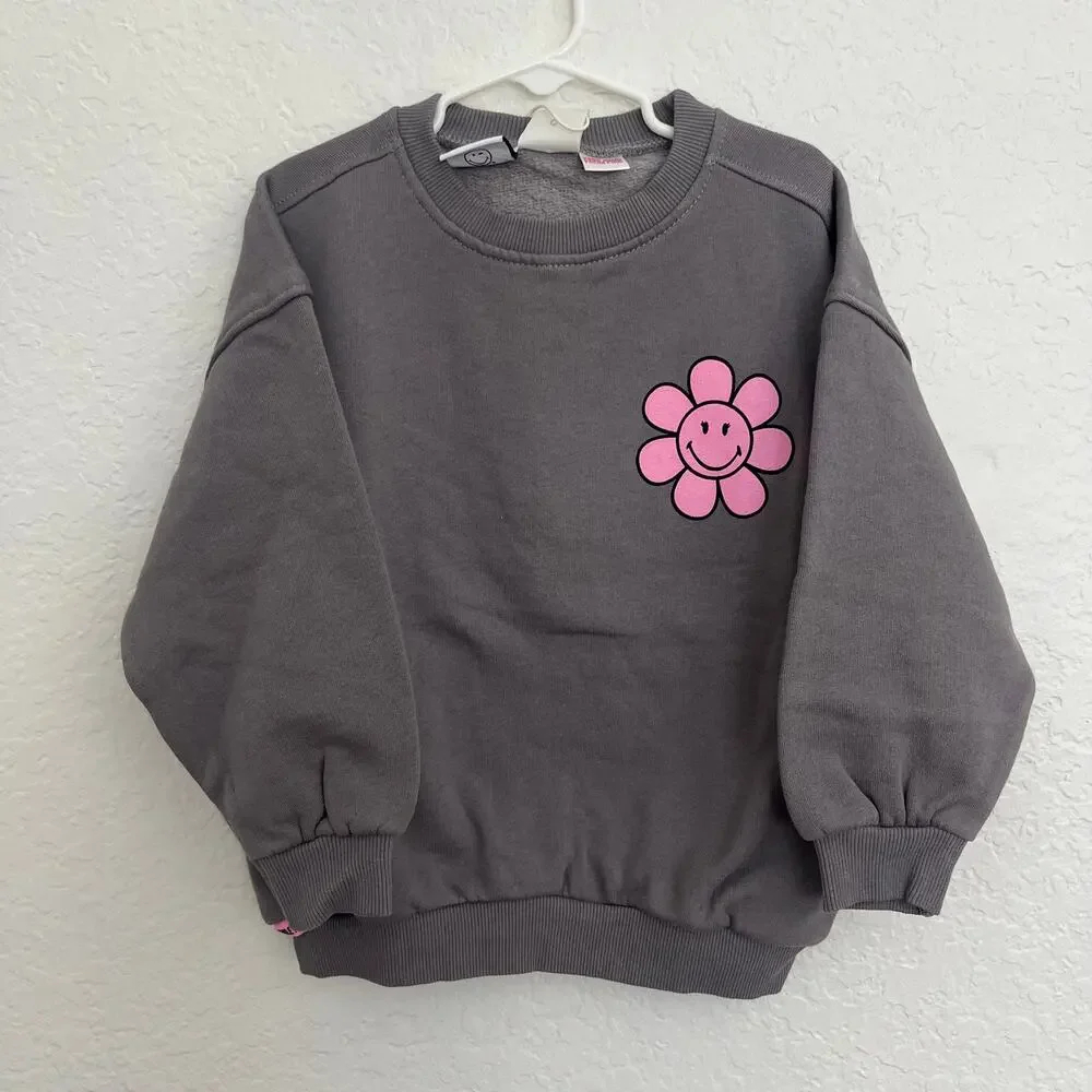 Zara Kids x Smileyworld Gray Pink Happy Flower Sweatshirt Size 4Y NWT